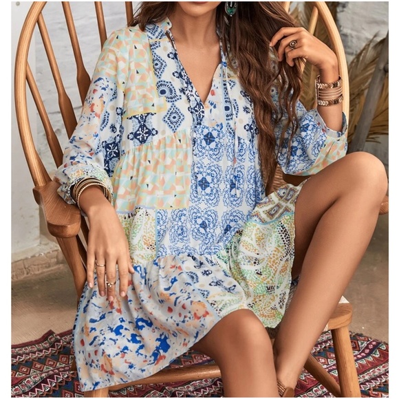 Boho Floral Print Pastel Ruffle Mini Dress - Picture 3 of 4